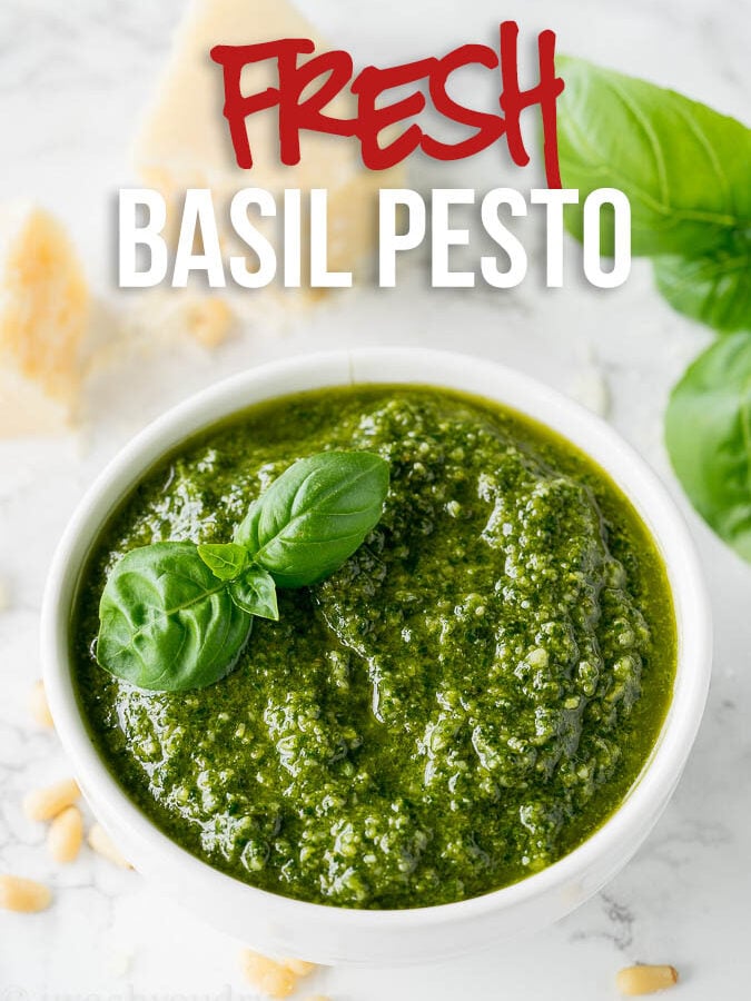 This Fresh Basil Pesto Recipe is so EASY!! It's perfect with pasta, shrimp and chicken!