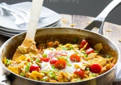 One Skillet Cheesy Chicken Nacho Casserole, ready in just 20 minutes for a quick and easy weeknight dinner!