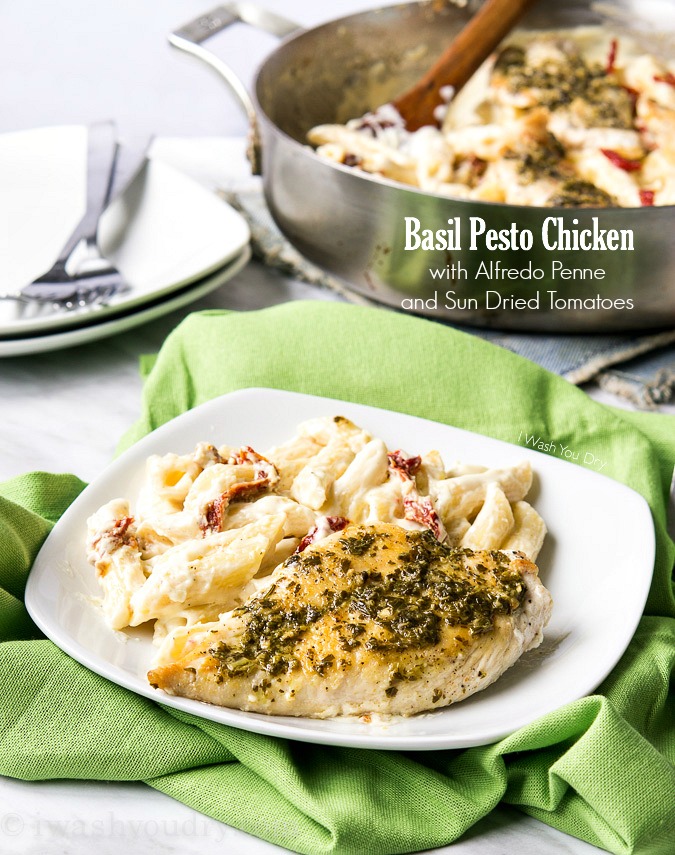 Basil Pesto Chicken with Alfredo Penne and Sun Dried Tomatoes