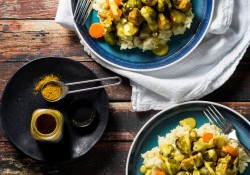 Curry Roasted Chicken and Brussel Sprouts over a creamy parsnip mash and topped with a creamy yellow curry sauce. A #lowcarb easy dinner that comes together in minutes!