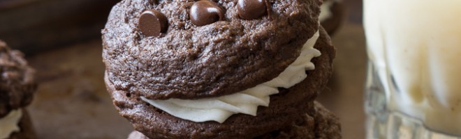 Double Chocolate Chip cookies with an Eggnog Buttercream Frosting in between!