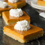 OMG! These Pumpkin Pie Bars are seriously the best ever! The crust is like a shortbread cookie, and they are perfect for taking to potlucks and parties! Everyone always asks for the recipe!