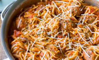 Everything gets cooked in one pan! My family loves this One Pot Spaghetti and Meatballs, I love how it's a super easy clean up!