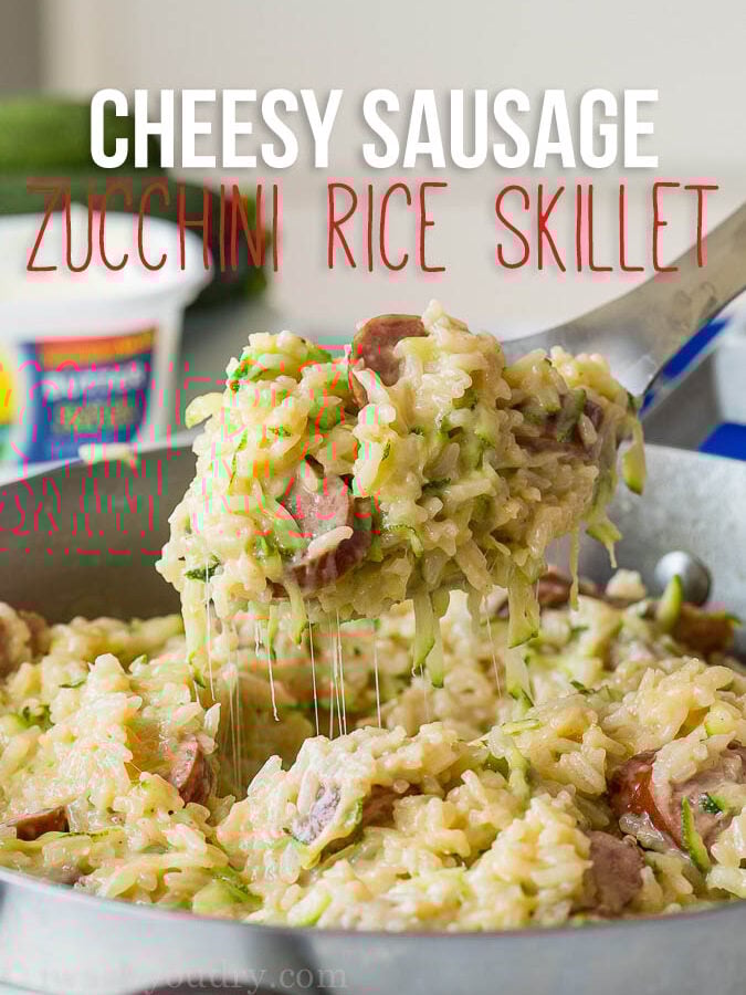 This Cheesy Sausage Zucchini Rice Skillet is a super quick dinner that's filled with everything my family loves, plus I get to sneak in some veggies!