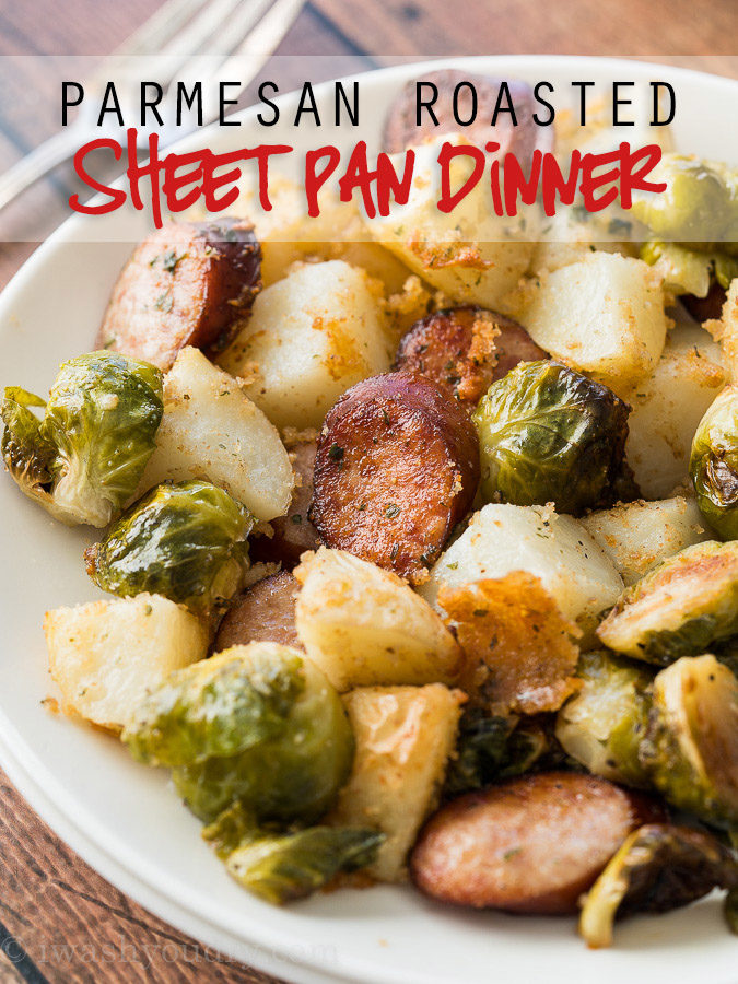 This Parmesan Roasted Sheet Pan Dinner is a complete meal all made on one pan! My kids go crazy for this simple dinner recipe!